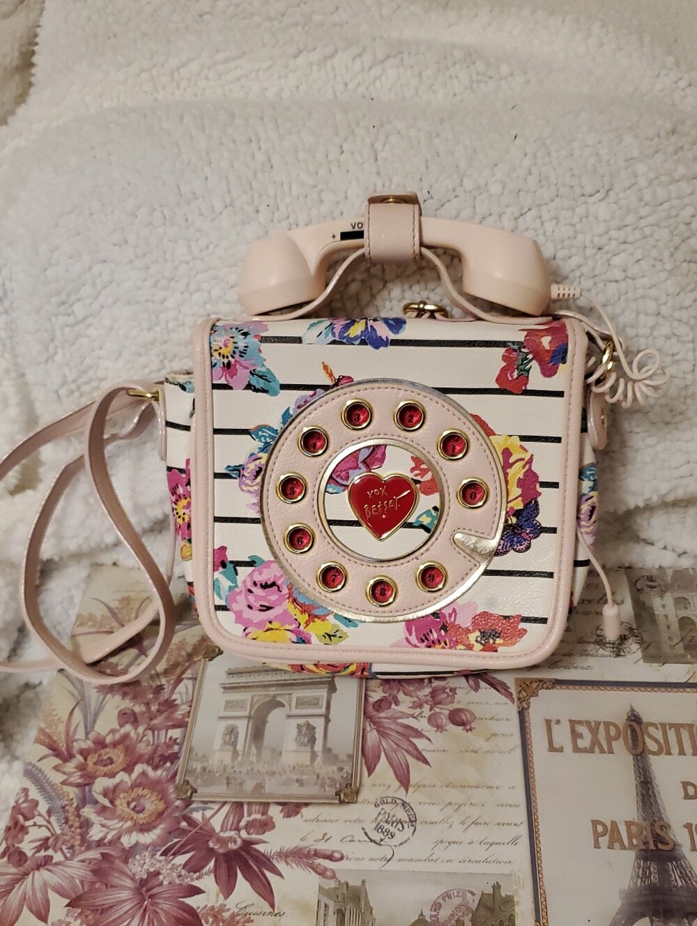 Betsey Johnson Pink Floral Striped Crossbody with Retro Phone Dial Accent